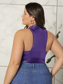 SHEIN Privé 大碼小高領PU皮革繞頸緊身連體衣 - 紫羅蘭色 - 查看 2