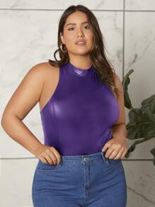 SHEIN Privé 大碼小高領PU皮革繞頸緊身連體衣 - 紫羅蘭色 - 查看 4