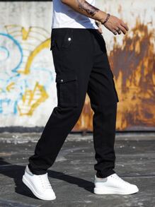 Manfinity Men Flap Pocket Cargo Jeans - Black - View 3