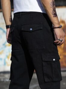 Manfinity Men Flap Pocket Cargo Jeans - Black - View 4