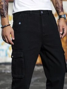 Manfinity Men Flap Pocket Cargo Jeans - Black - View 5