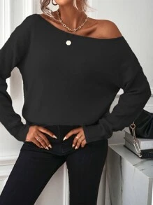 SHEIN LUNE Boat Neck Drop Shoulder Jumper - Black - View 1