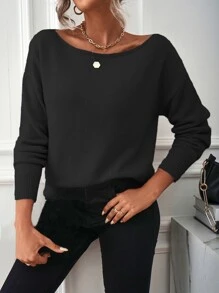 SHEIN LUNE Boat Neck Drop Shoulder Jumper - Black - View 3