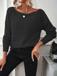 SHEIN LUNE Boat Neck Drop Shoulder Jumper - Black - View 4