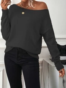 SHEIN LUNE Boat Neck Drop Shoulder Jumper - Black - View 6