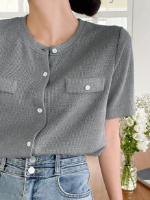 DAZY Nút phía trước Chi tiết về Flap Áo thun - Xám - Xem 6