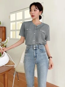 DAZY Nút phía trước Chi tiết về Flap Áo thun - Xám - Xem 3