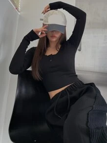 DAZY 半扣罗纹针织短款 T 恤，秋季服装长袖女式上衣 - 黑色 - 查看 3