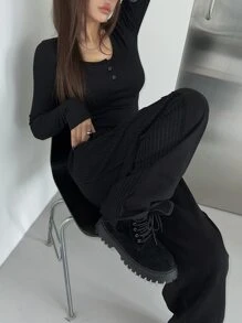 DAZY 半扣罗纹针织短款 T 恤，秋季服装长袖女式上衣 - 黑色 - 查看 7