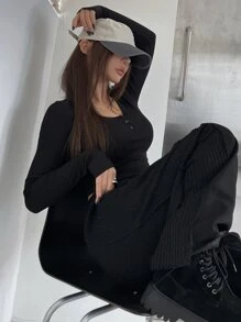 DAZY 半扣罗纹针织短款 T 恤，秋季服装长袖女式上衣 - 黑色 - 查看 8