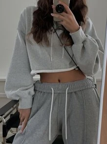 DAZY Chất rắn Thả vai Áo hoodie ngắn - Xám - Xem 1