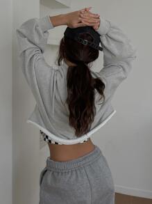 DAZY Chất rắn Thả vai Áo hoodie ngắn - Xám - Xem 2