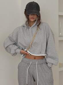 DAZY Chất rắn Thả vai Áo hoodie ngắn - Xám - Xem 5