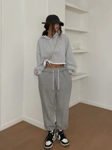 DAZY Chất rắn Thả vai Áo hoodie ngắn - Xám - Xem 6