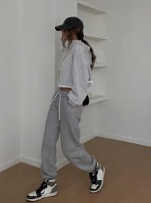 DAZY Chất rắn Thả vai Áo hoodie ngắn - Xám - Xem 7