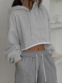 DAZY Chất rắn Thả vai Áo hoodie ngắn - Xám - Xem 9