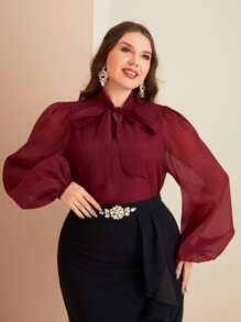 Mulvari Áo cánh tay đèn lồng cổ buộc màu đỏ tía - Màu Đỏ Sâu - Xem 1