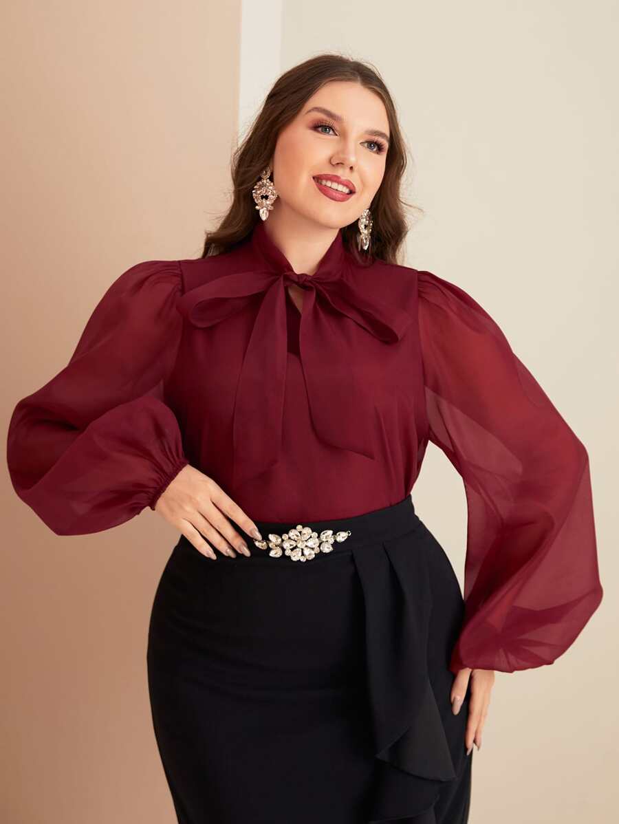 Mulvari Áo cánh tay đèn lồng cổ buộc màu đỏ tía - Màu Đỏ Sâu - Xem 1