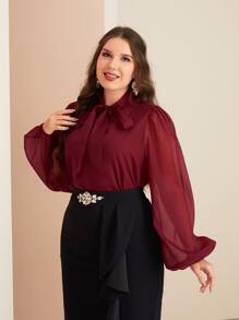 Mulvari Áo cánh tay đèn lồng cổ buộc màu đỏ tía - Màu Đỏ Sâu - Xem 3