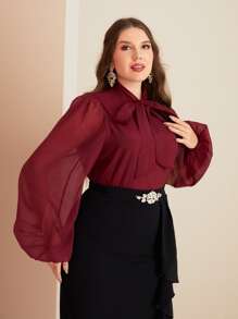 Mulvari Áo cánh tay đèn lồng cổ buộc màu đỏ tía - Màu Đỏ Sâu - Xem 4