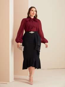 Mulvari Áo cánh tay đèn lồng cổ buộc màu đỏ tía - Màu Đỏ Sâu - Xem 5