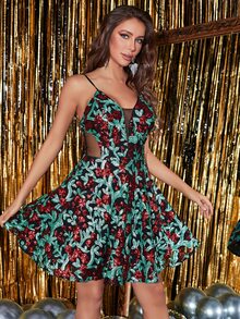 YISIKADO Floral Print Lace Up Mesh Insert Sequin Cami Dress - Multicolor - View 5
