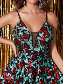 YISIKADO Floral Print Lace Up Mesh Insert Sequin Cami Dress - Multicolor - View 7