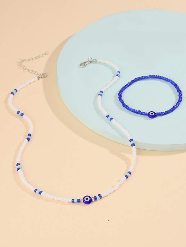 2pcs Evil Eye Detail Beaded Jewelry Set SHEIN EUQS