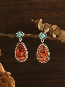 1pair Fashionable Creative Bohemian Style Vintage Maple Leaf & Turquoise Dangle Earrings Suitable For Women's Daily Wear - Multicolor - View 4