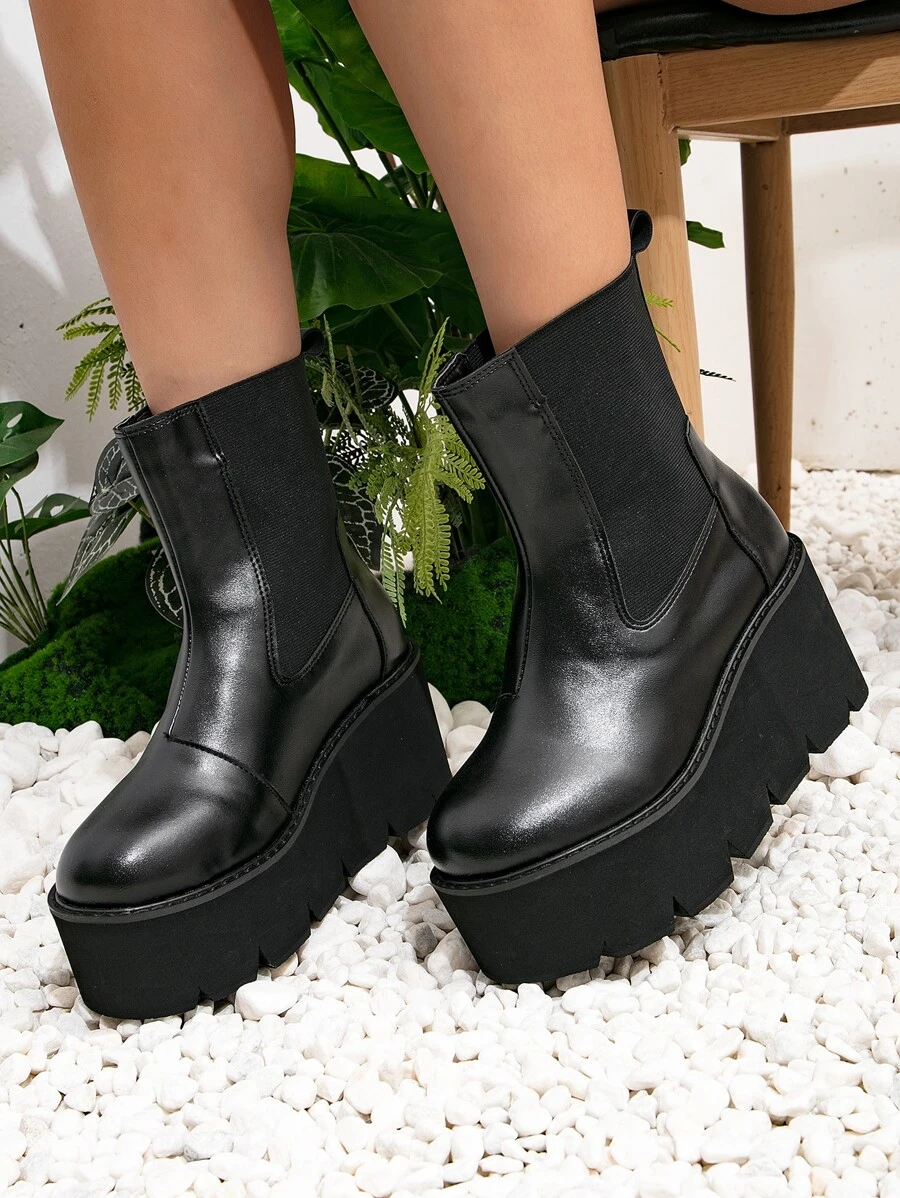 Minimalist Slip On Wedge Boots - Black - View 1