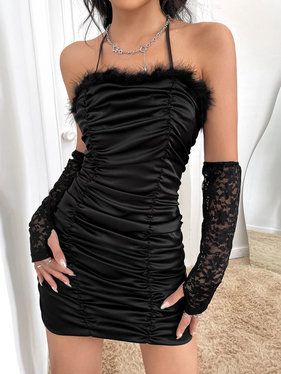 SHEIN ICON Eyelash Lace Trim Ruched Tie Backless Halter Bodycon Dress - Black - View 1