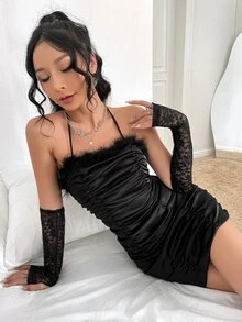 SHEIN ICON Eyelash Lace Trim Ruched Tie Backless Halter Bodycon Dress - Black - View 6