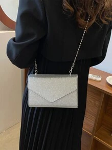 Quyến rũ, thanh lịch, tinh tế, yên tĩnh sang trọng, sành điệu, sang trọng, sáng bóng, túi vuông có nắp chuỗi lấp lánh, ví cô dâu hoàn hảo cho đám cưới, túi buổi tối và sự kiện tiệc tùng, túi ăn tối cho cô gái dự tiệc, phụ nữ - Bạc - Xem 1