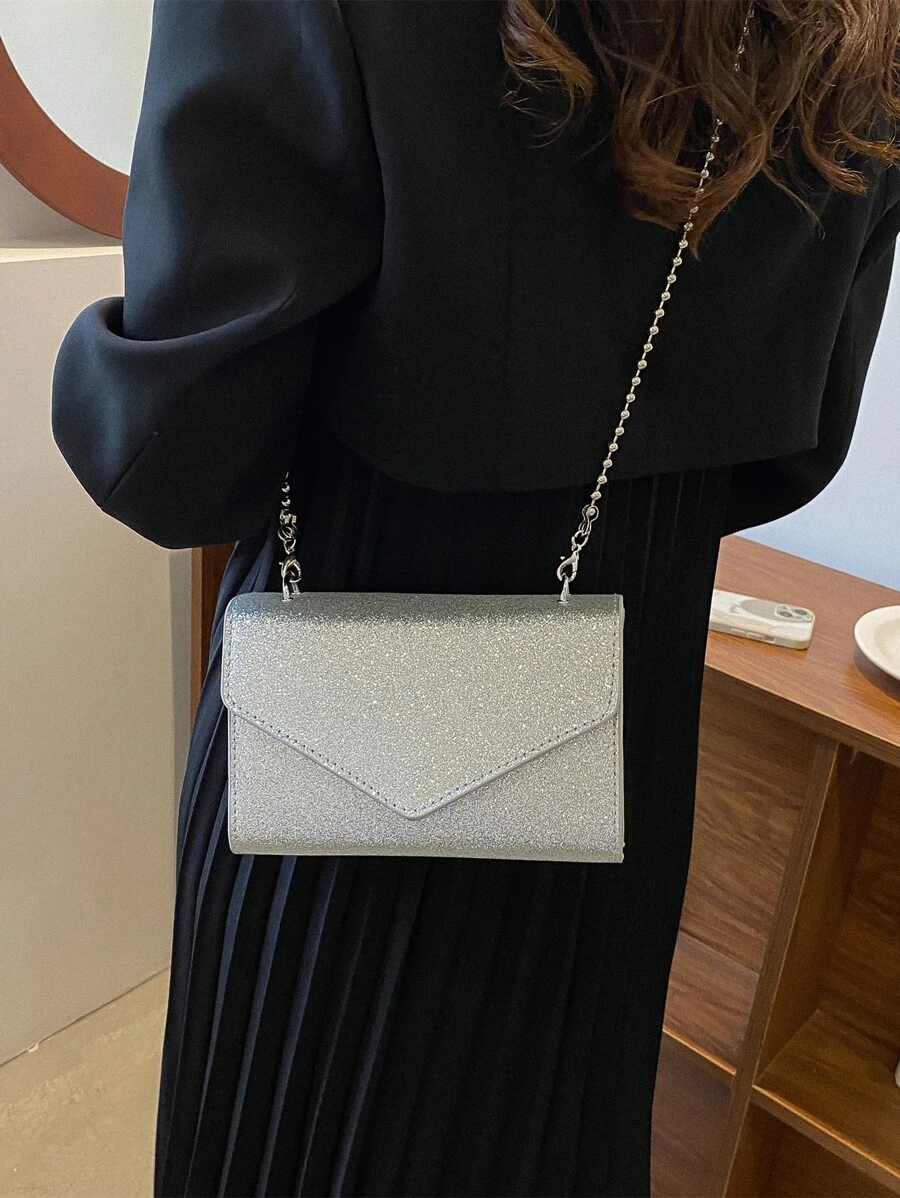 Quyến rũ, thanh lịch, tinh tế, yên tĩnh sang trọng, sành điệu, sang trọng, sáng bóng, túi vuông có nắp chuỗi lấp lánh, ví cô dâu hoàn hảo cho đám cưới, túi buổi tối và sự kiện tiệc tùng, túi ăn tối cho cô gái dự tiệc, phụ nữ - Bạc - Xem 1