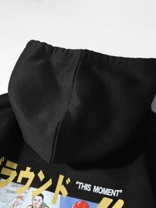 Claim Dot Áo hoodie nam dáng rộng có dây rút in hình hoạt hình và khẩu hiệu - màu đen - Xem 7