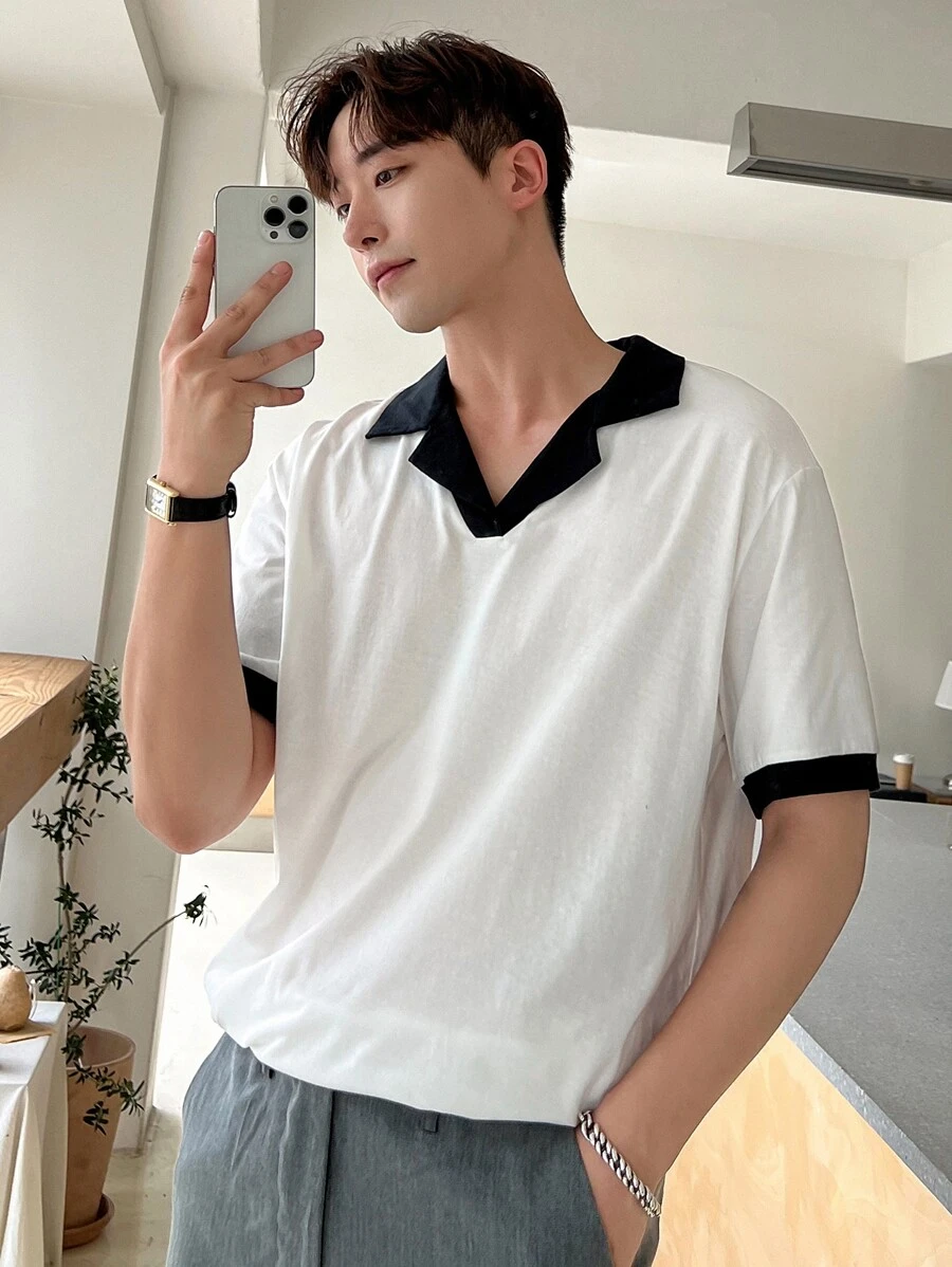 DAZY Men Cotton Contrast Collar Polo Shirt Business Attire - White - View 1