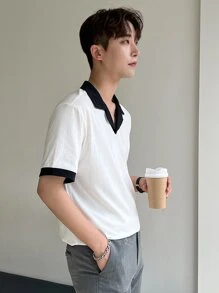 DAZY Men Cotton Contrast Collar Polo Shirt Business Attire - White - View 5