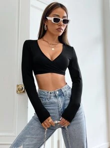 SHEIN EZwear Spring Black TopSurplice Neck Crop Top - Black - View 3
