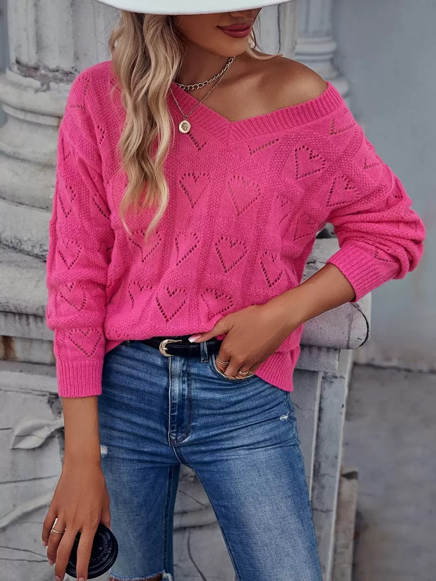 SHEIN LUNE Pointelle Knit Drop Shoulder Jumper - Hot Pink - View 1