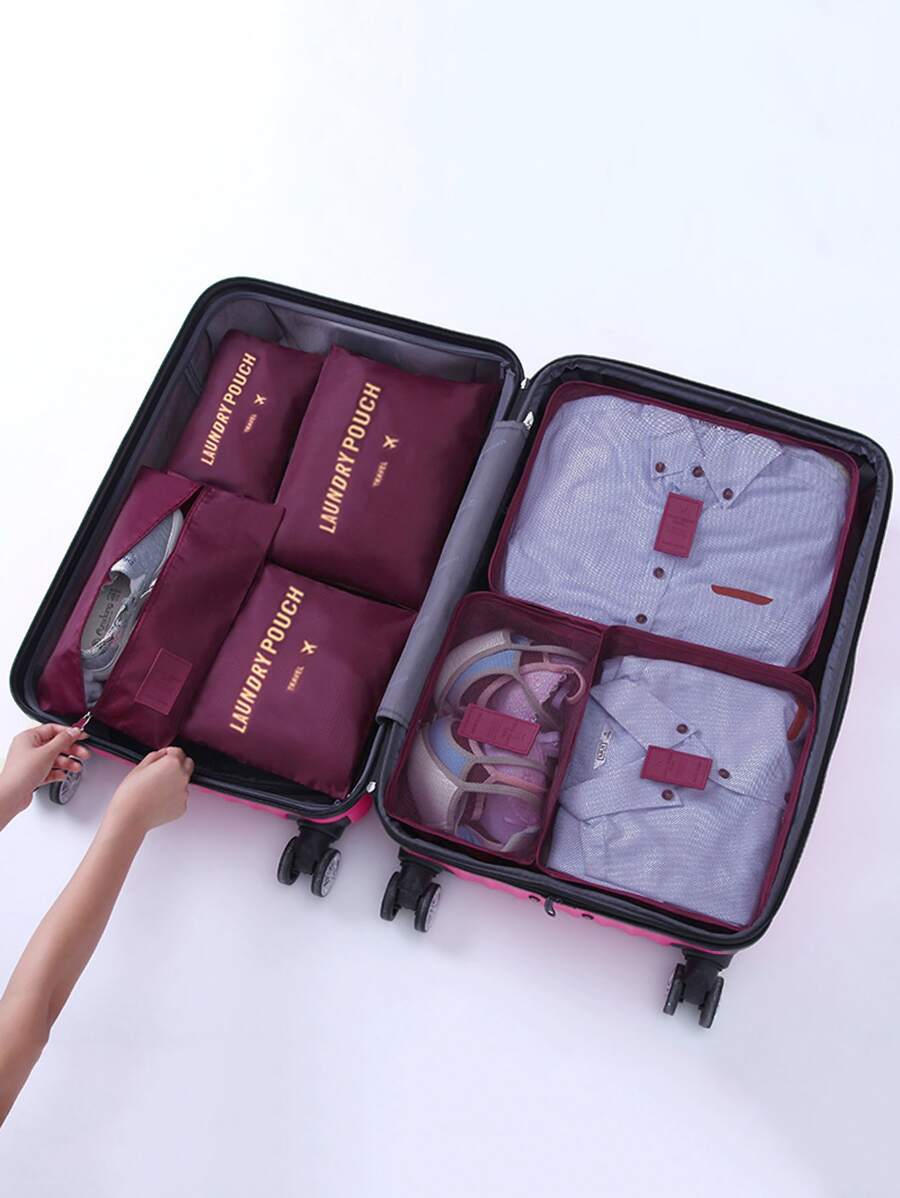 7pcs Letter Graphic Travel Storage Bag, Burgundy Multifunction Clothing Bag, Toiletry Packing Bag For Travel - Burgundy - View 1