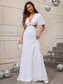 Cut Out Waist Flounce Hem Sequins Dress - White - View 1