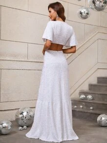 Cut Out Waist Flounce Hem Sequins Dress - White - View 2