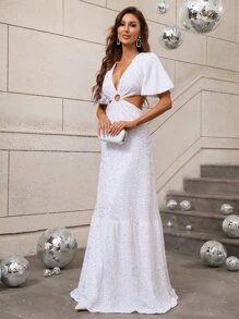 Cut Out Waist Flounce Hem Sequins Dress - White - View 5