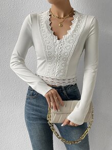 SHEIN Unity Guipure Lace Panel Ribbed Knit Tee - White - View 1