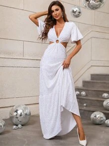 Cut Out Waist Flounce Hem Sequins Dress - White - View 4