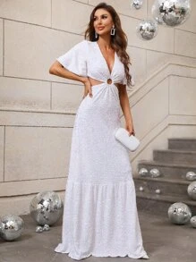 Cut Out Waist Flounce Hem Sequins Dress - White - View 6