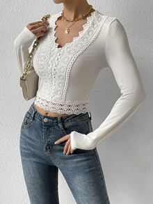 SHEIN Unity Guipure Lace Panel Ribbed Knit Tee - White - View 3