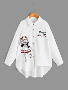 SHEIN Áo cánh Gái Nút phía trước Cao thấp Lá thư Con số Giải trí - trắng - Xem 1