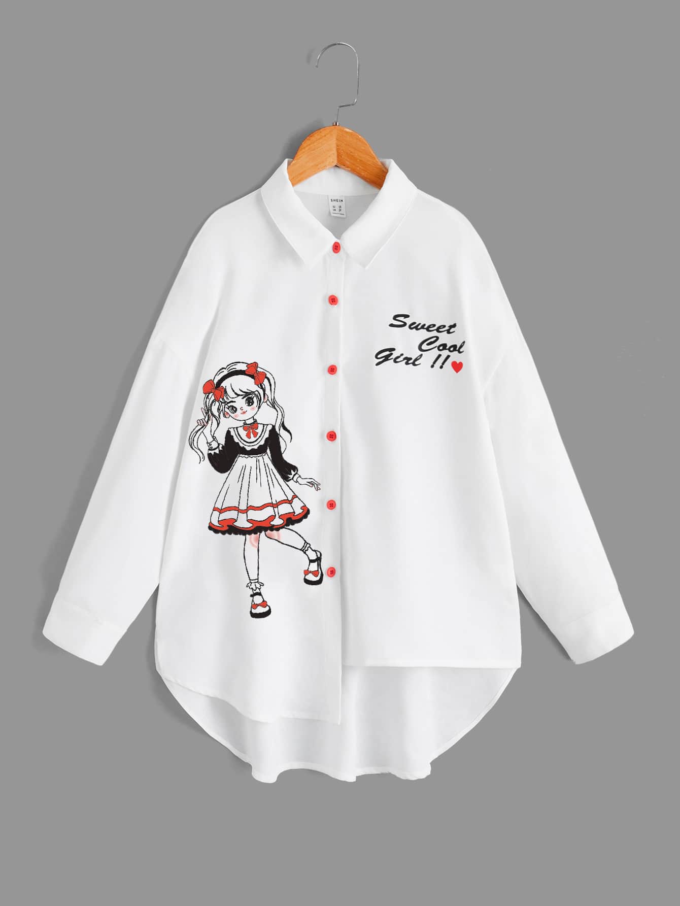 SHEIN Áo cánh Gái Nút phía trước Cao thấp Lá thư Con số Giải trí - trắng - Xem 1