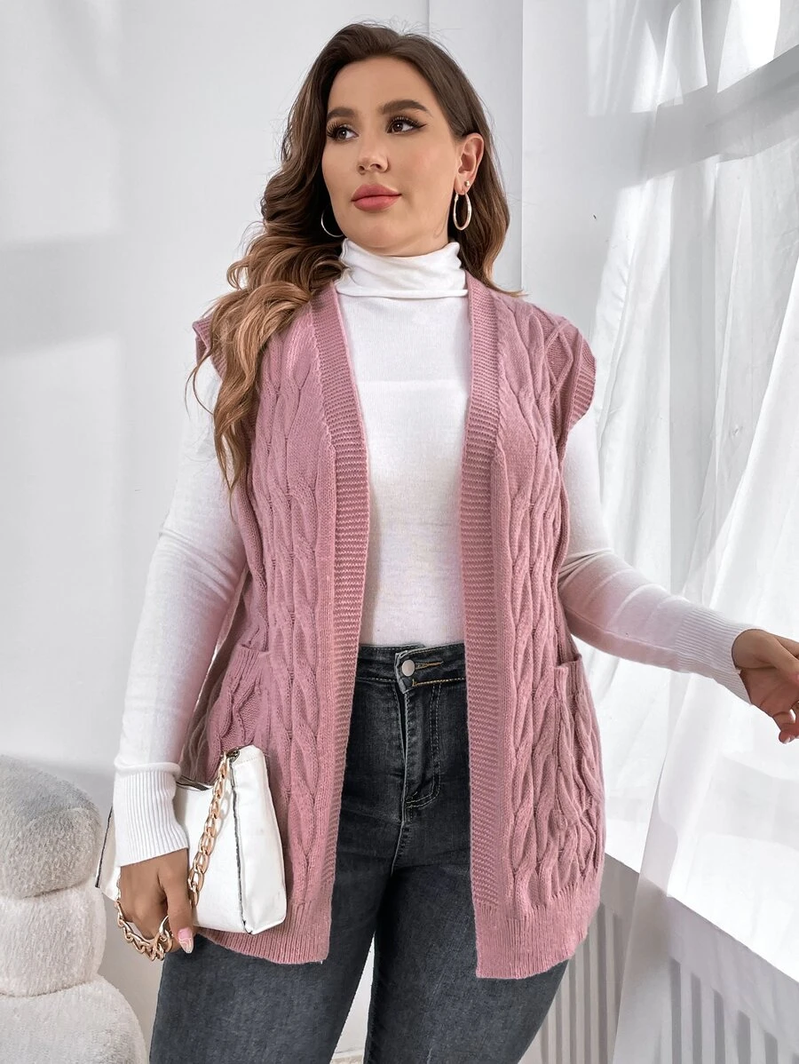 SHEIN LUNE Plus Double Pocket Cable Knit Sleeveless Cardigan - Dusty Pink - View 1